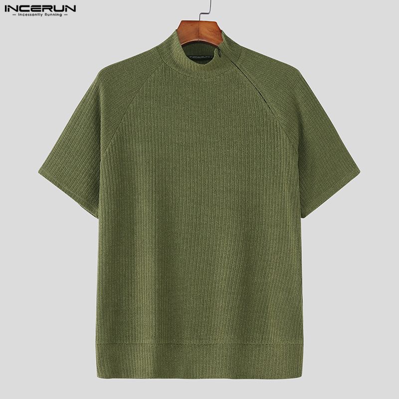INCERUN Men High Neck Short Sleeve Casual Rib Fitted Tops T-shirts