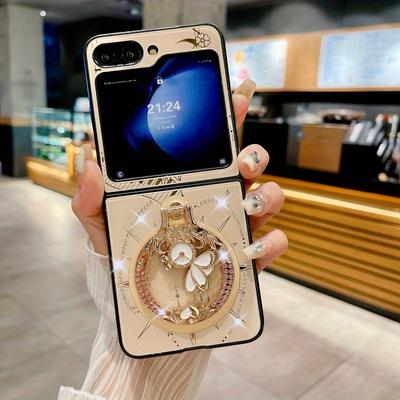 Manyetik Ayaklı Sevimli Parlak Simli Mermer Çiçekli Zarif Telefon Kılıfı Samsung Galaxy Z Flip 6 5 4 3 Flip6 Flip5 Flip4 için Kapak