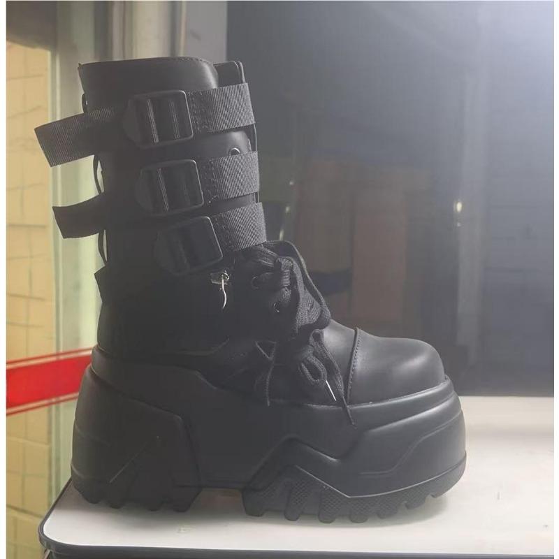 Módní dámské kotníkové boty Podzimní kožené robustní boty Dámské boty na vysoké platformě Prodyšné tenisky 9CM Silná podrážka Klínky Motocyklové boty