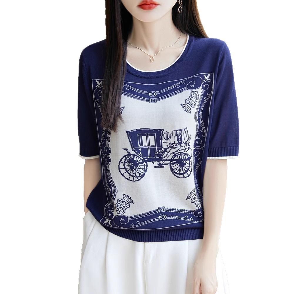 Summer Women's Round Neck Loose Knitted T-shirt Color Blocked Jacquard Short Sleeve Knitted Shirt for Women