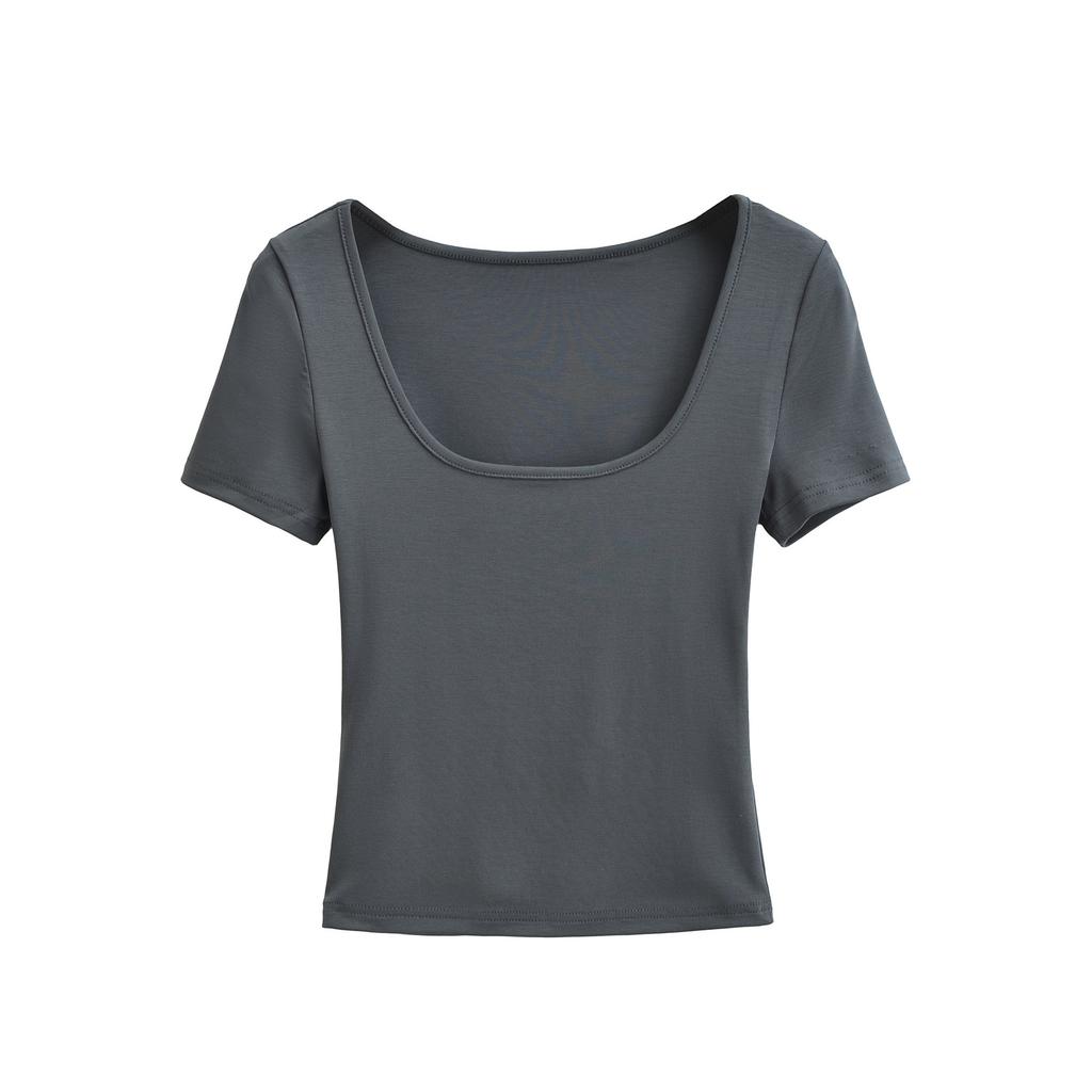 U-neck Short-sleeved T-shirt Women's Summer New American Spice Girl Style Solid Color Slim-fitting and Thin Bottoming Top