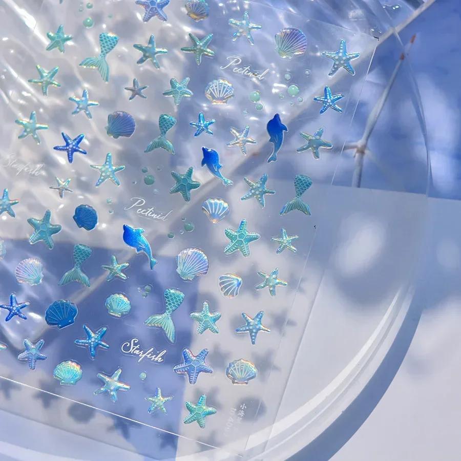 Laser Sliver Star Ocean Dolphin Whale Shoal of Fish Bubbles Sea Marine Organisms Nail Art Sticker Self Adhesive Manicure Decal