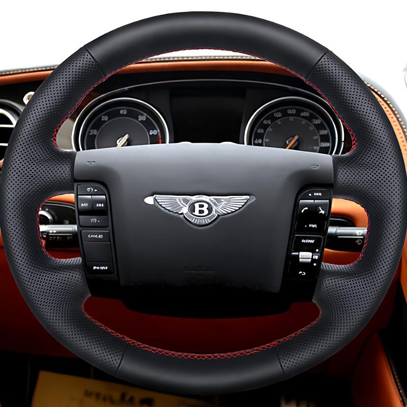 

For Bentley Flying Spur 2005 2006 2007 DIY Black Leather Non-slip Car Steering Wheel Cover Braid Red Stitching Interior