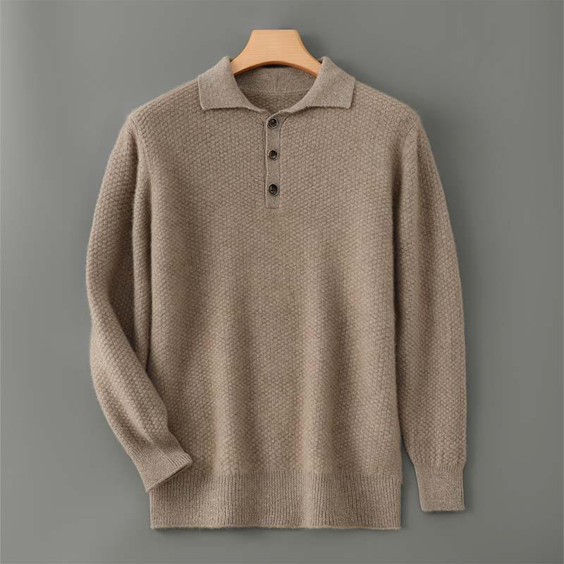 Men's Pure Wool Polo Collar Cardigan: Loose, Button-Up, Business Casual Cashmere Knit Sweater
