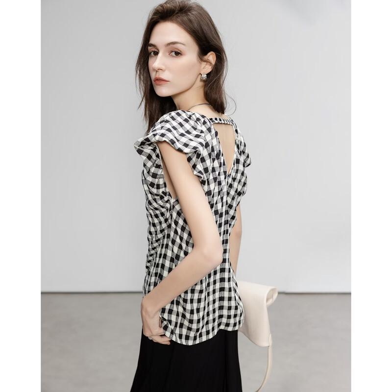 Women s French Style Pleated Puff Sleeve Plaid Blouse S