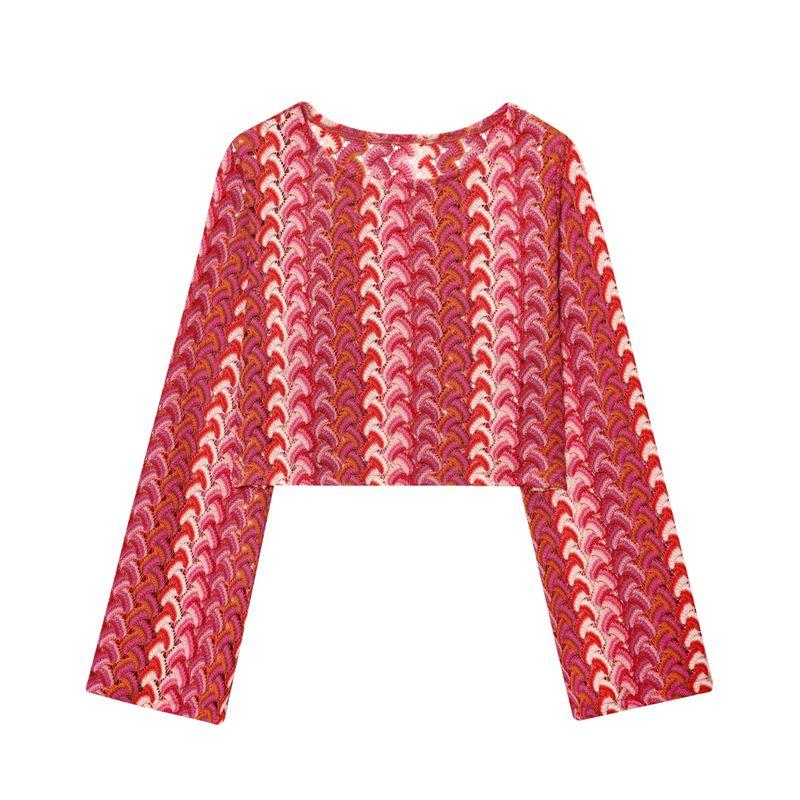 

Summer New Product Women s Clothes round Neck Long Sleeves Crochet Knitting Short Tops + High Waist Casual Straight Trousers Suit Pink Tops L