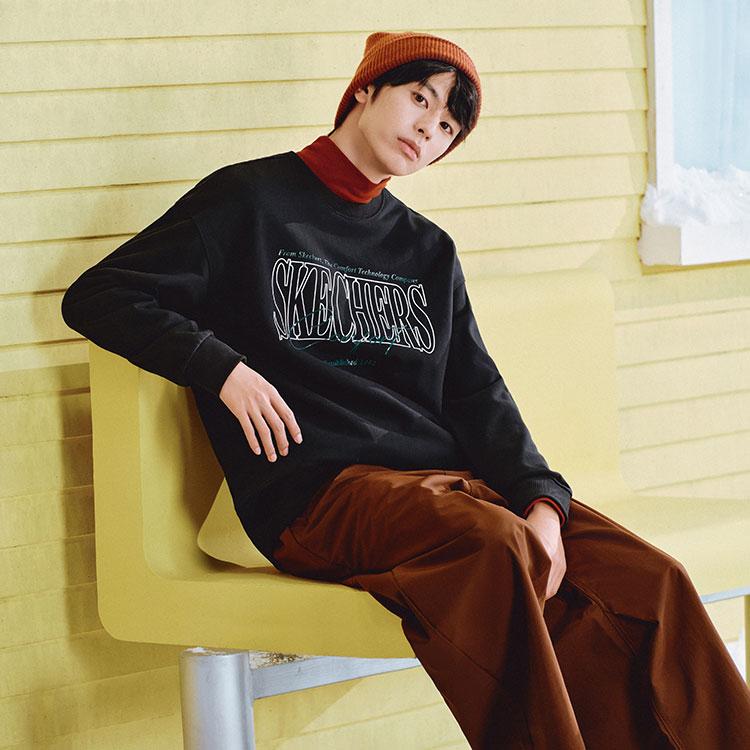 Skechers Round Neck Loose Vintage Pullover Letter Print Long Sleeve Sweatshirt Unisex Sweatshirt Carbon-Black L324U059-0018