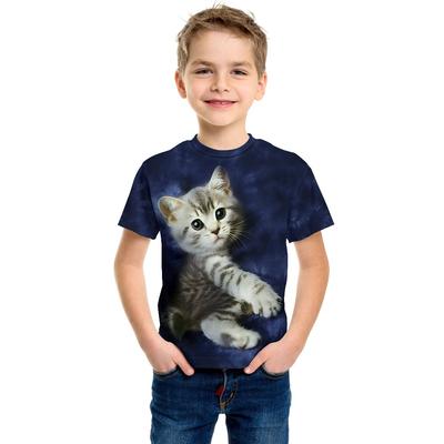 Niedliches Kätzchen 3D-gedrucktes Jungen Freizeit Kurzarm T-Shirt, Sommer Aktiv T-Shirt Top, Kindergeschenk!