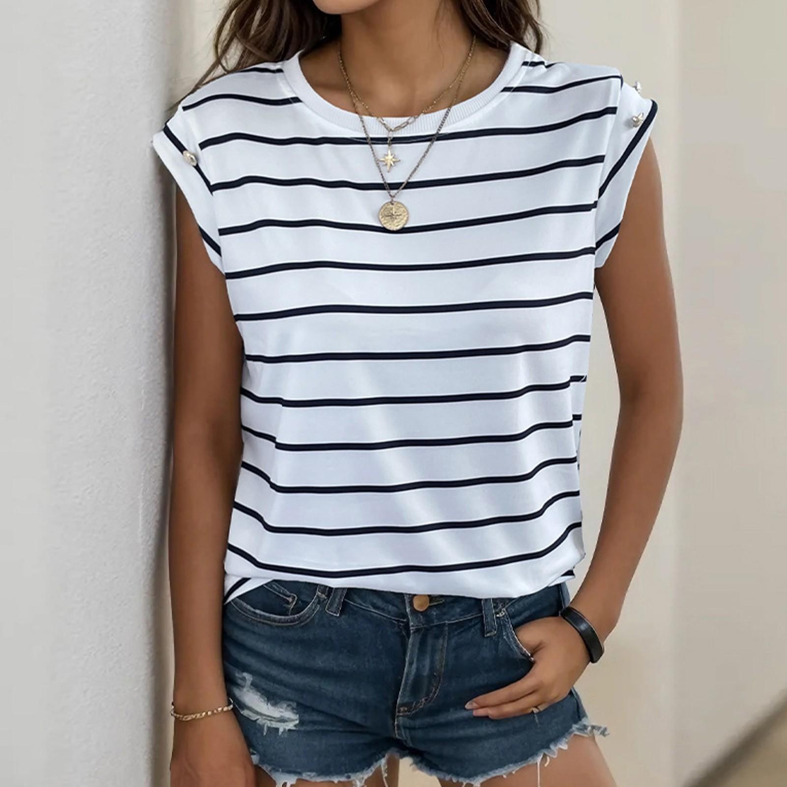 

Ladies Casual Fashion Round Neck Sleeveless Striped Pullover T-Shirt Top XL білий