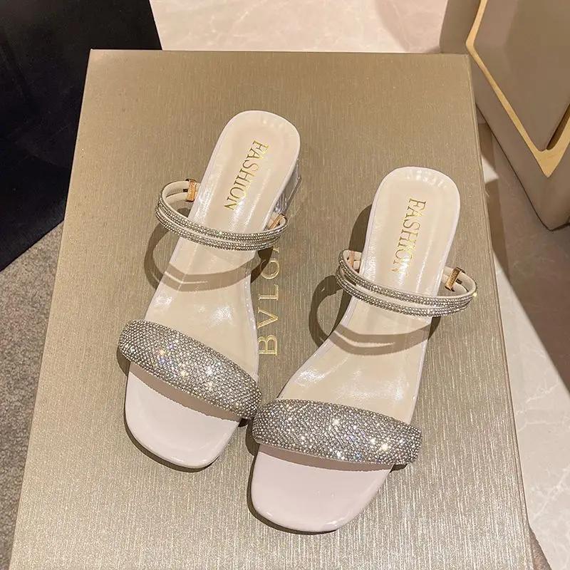 Korean Sle Women's Summer Faion Sandals Two-Way Wear Diamond Embellied Flat Heel Open-Toe Low Cut Rubber Outsole