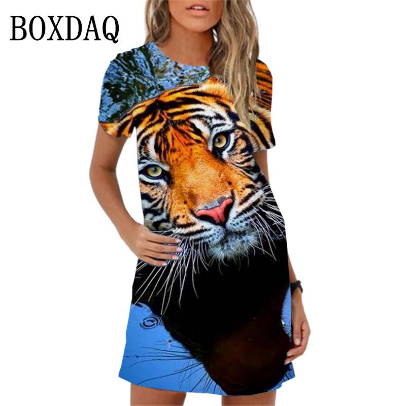 

2026 New Spring Women Dresses Fashion Tiger Pattern Printing Short Sleeve Dress Summer Casual Oversized A-Line Mini Dress 6XL