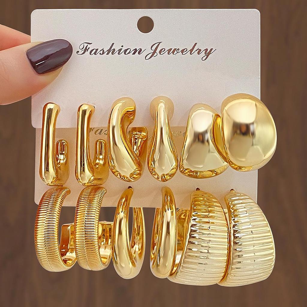 Elegant Geometric Gold Earrings Set - 3 Pairs of Versatile Water Drop Twist Designs