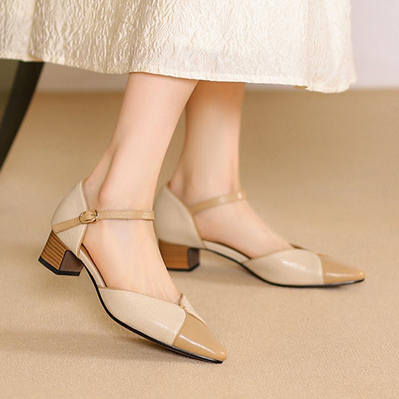 Fashion 2024 New Women Genuine Leather Pumps Square Heel Pointed Toe Party Wedding Shoes Woman Pointed Toe Night Club Prom Pumps