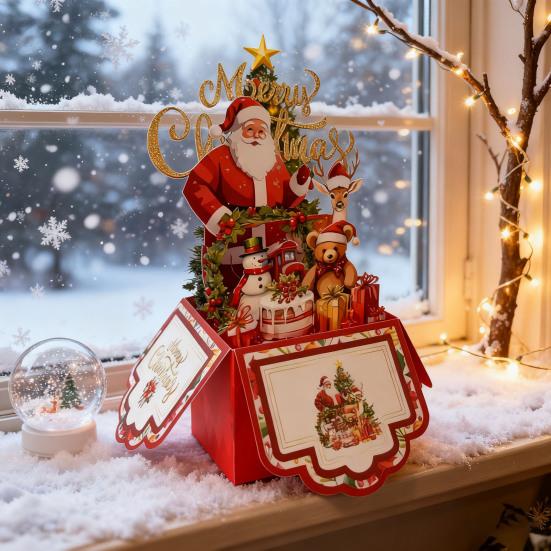 Christmas Pop Up Card 3D Folding Greeting Cards Funny Santa Snowman Bear Holiday Gift Card for Xmas Party Favors