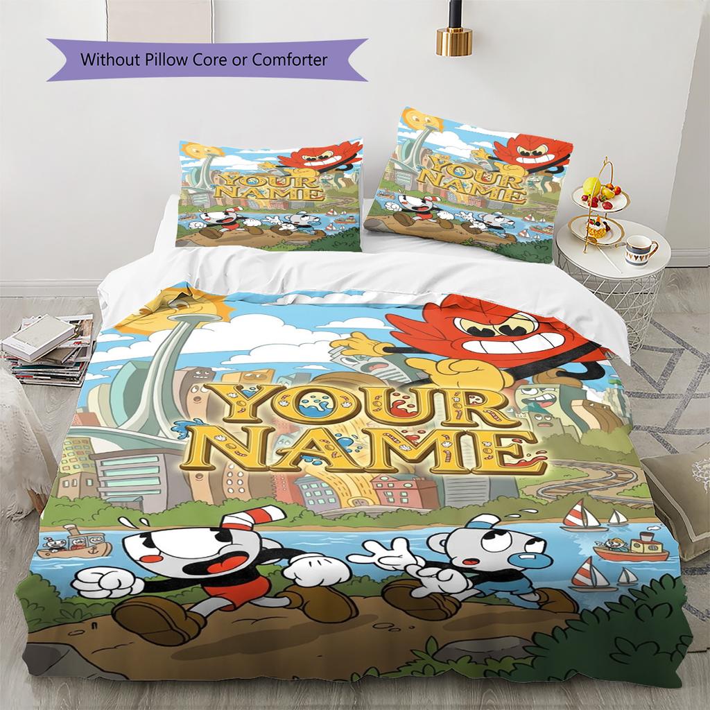 Name Custom Cuphead Game Pattern Bedding Set Quilt Cover Pillowcase Home Decor Gift (1 * duvet cover + 2 * pillowcase, without core)