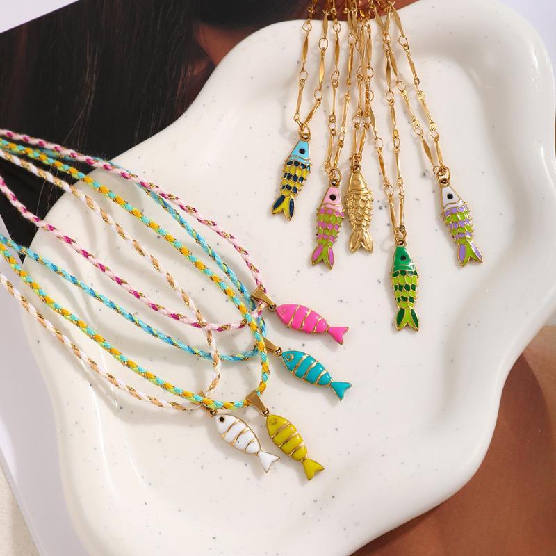 Bohemian Layered Fish Pendant Necklace Colorful Enamel Cute Trendy Adjustable for Teen Girls School Daily Wear