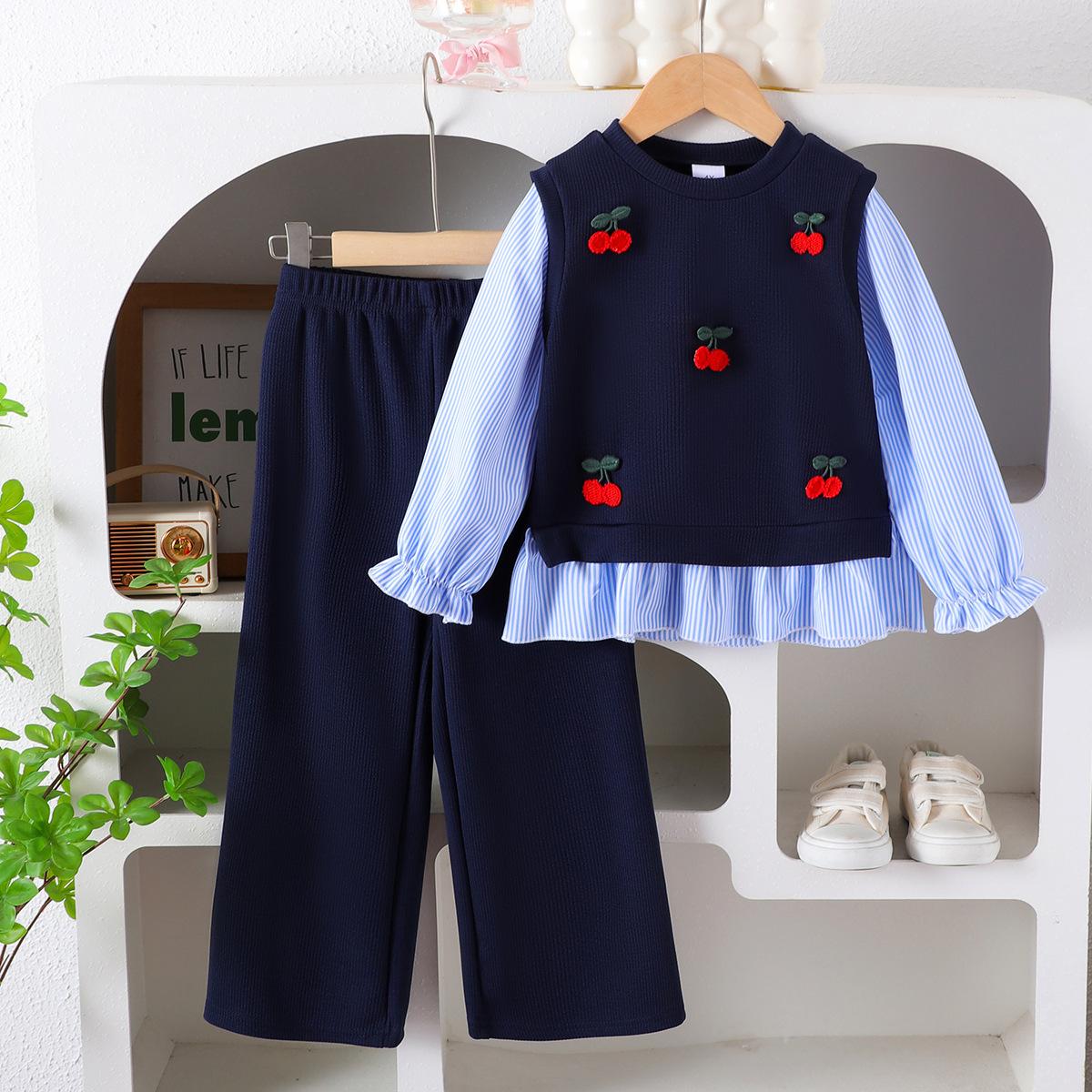 

Autumn Striped Long Sleeve Blue Top with Long Pants College Style Fashionable Outfit for Girls 7Y темно-синього кольору