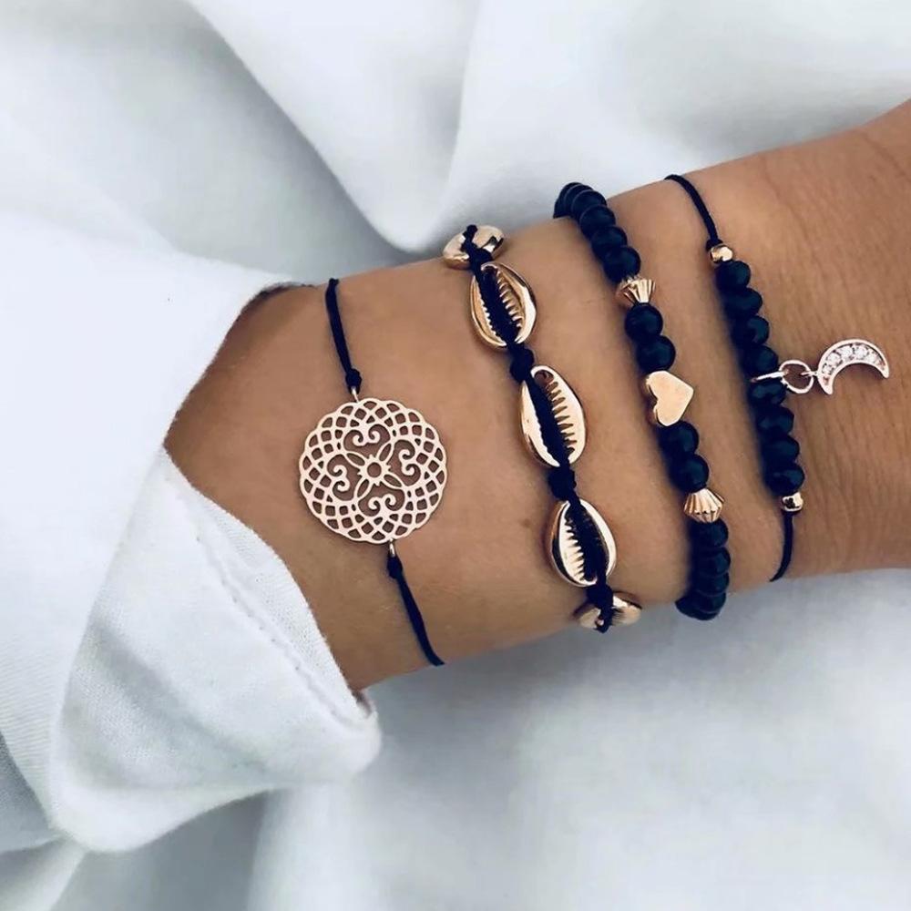 Boho Round Marble Charm Bracelet Set For Women Geometric Black String Rope Chain Bangle Female Bohemian Jewelry Gift