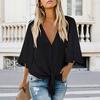 Women Summer Shirt V-neck Half Sleeve Buttons Placket Lace-up Shirt Tops Solid