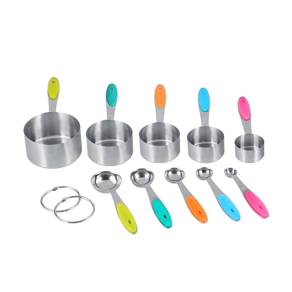 

Stainless Steel Measuring Cup and Spoon with Silicone Durable 10-Piece Set, Stackable, Handles, Tablespoons, Teaspoons, Heat-Resistant, Non-Slip,