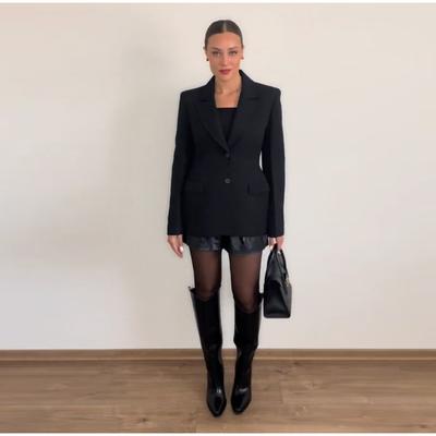 Elegant Women's Black Slim Blazer Fashion Lapel Shoulder Pads Full Sleeve Pockets Female Jacket 2025 Spring Autumn New Office Lady Streetwear