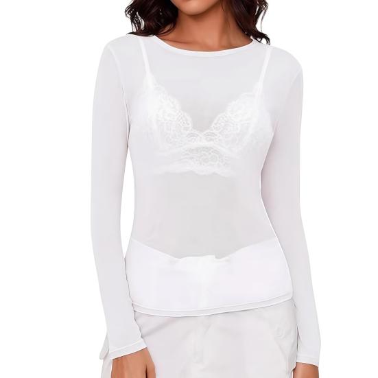 Sexy Oberteile Rundhalsausschnitt Langarm Durchsichtig Stickerei Spitze Blumenmuster Pullover Oberteile Vielseitiges Spitzen-Mesh-Layering-Shirt