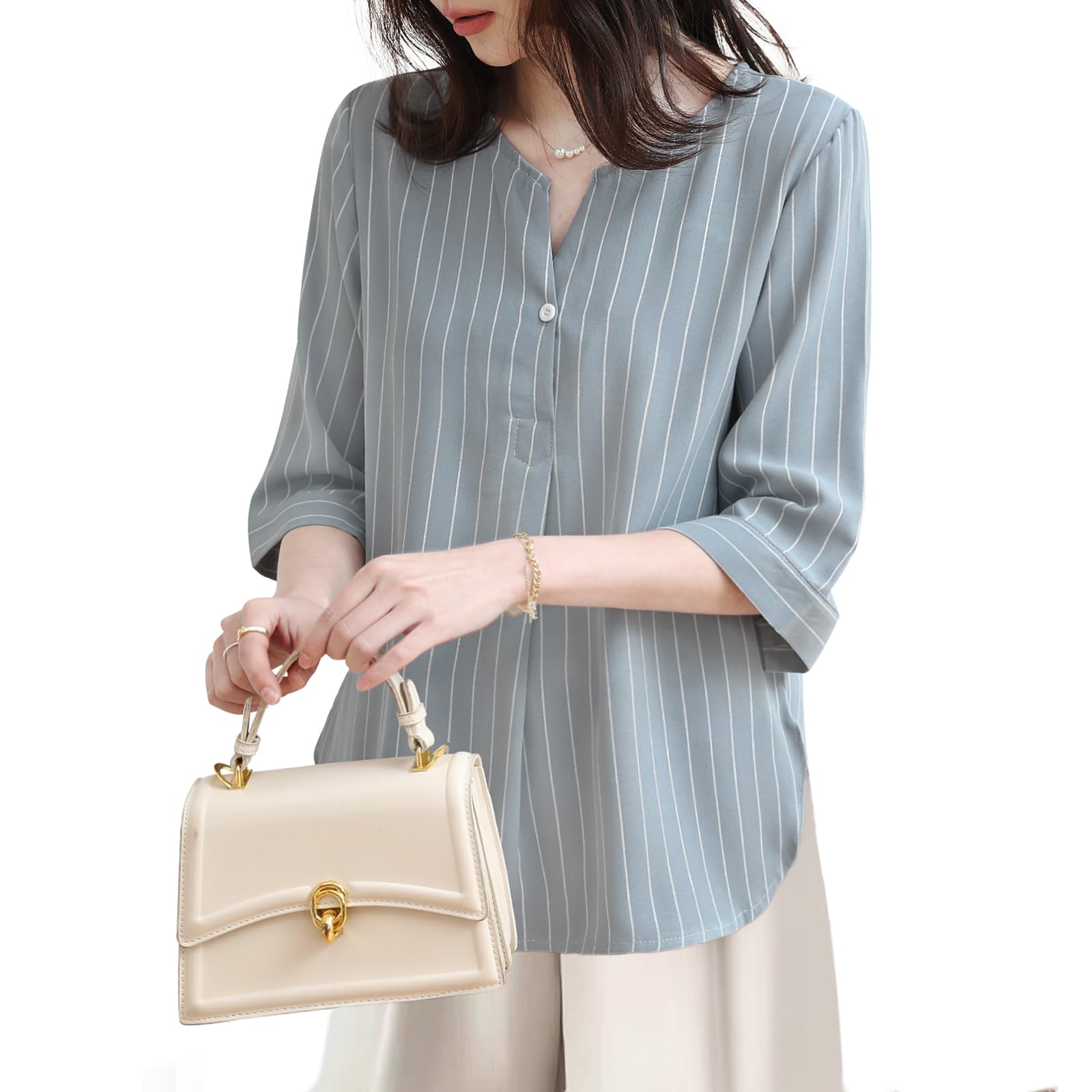 

Sueeya Короткая Свободная Летняя [Sueeya] Рубашка, Женская Блузка, Полосатая, Рукав, Скиппер, Разрез, Посадка, Стройнящая, Стильная, Милая, Универсальная, Для Работы, Повседневная,