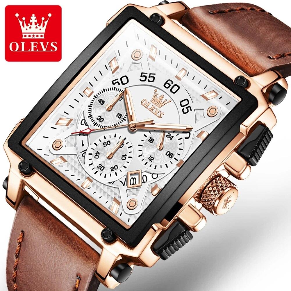 OLEVS 9919 Herrenuhr Mode Quadratisches Zifferblatt Lederarmband Chronograph Wasserdichte Sportuhr Luxus Original Quarz Armbanduhr Mann