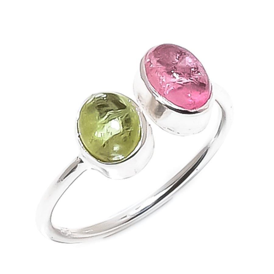 Natural Green Pink Tourmaline Gemstone 925 Sterling Silver Ring Adj. Size 6US Gift
