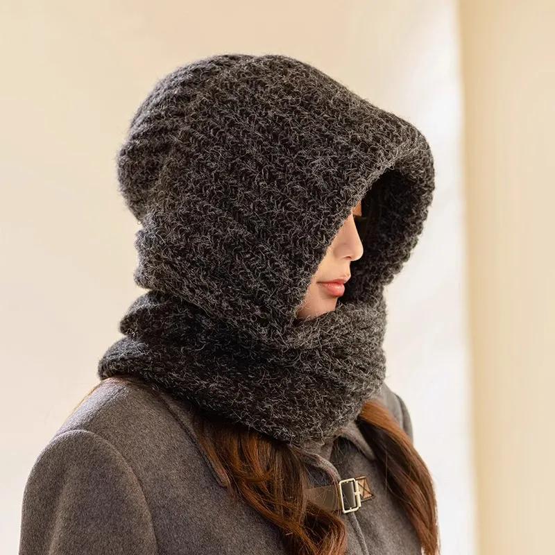 WTEMPO Windproof Stretchy Knitted Scarf Hats Women's Warm Winter Ear Protection Thickened Versatile Solid Color Woolen Hats