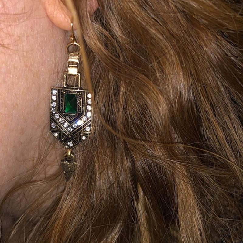 Vintage Rhinestone Ear Drops Green Glass Crystal Earrings Ancient Gold Color Earwear Stylish Accessories for Women Girls