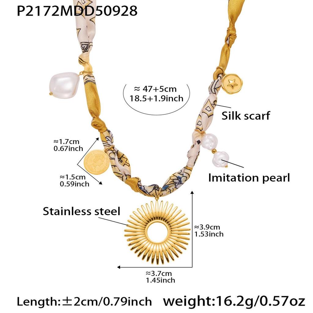 Qiong Yao Multi-Pendant Pearl Silk Scarf Necklace with Stainless Steel Clavicle Chain