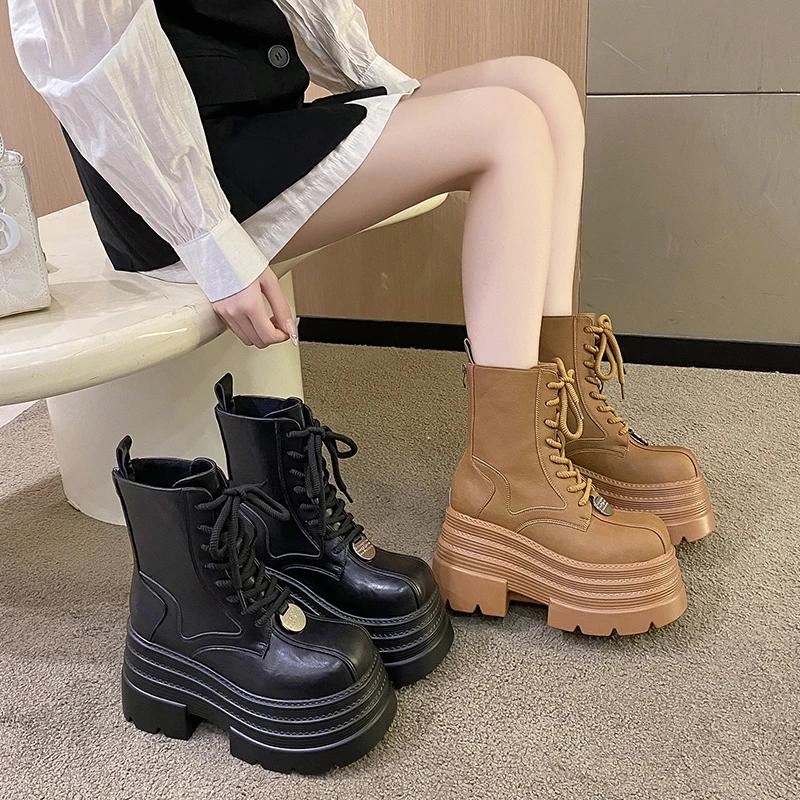 10CM Dame Høye Platå Motorsykkelstøvletter Gotiske Lær Punkstøvletter Vinter Varmt Pels Snøstøvler Midt på leggen Korte Kampstøvletter Dame