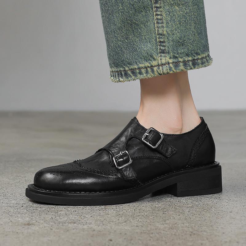 Fashion 2025 Autumn New Women's Shoes Genuine Leather Low-heel Casual Oxford Shoes Woman Block Buckle Loafers Vintage Footwear Pumps