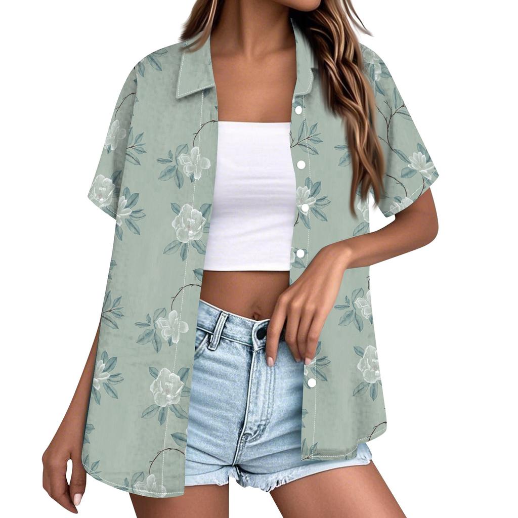 Women Casual Short Sleeve Button Down Shirt Hawaiian Print Collar Summer Beach Top Lightweight Loose Fit Blouse for Daily Wear