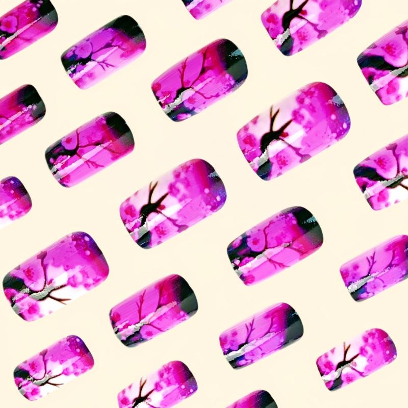 Square Press On Nail Flower Fake Nail Glues On Nail Artificial Acrylic Nail 24pcs Stick On Nail for Womens and Girls