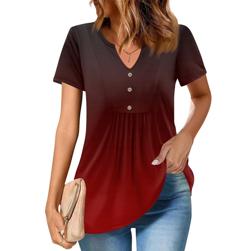 Damen Kurzarm Tops Sommer V-Ausschnitt T-Shirts Lässige Plissee Bluse Lose Print Basic Tee