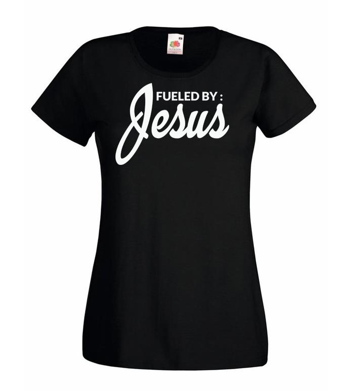 Ladies Black Fuelled By Jesus Religious Christian Catholic Quote TShirt 2XL