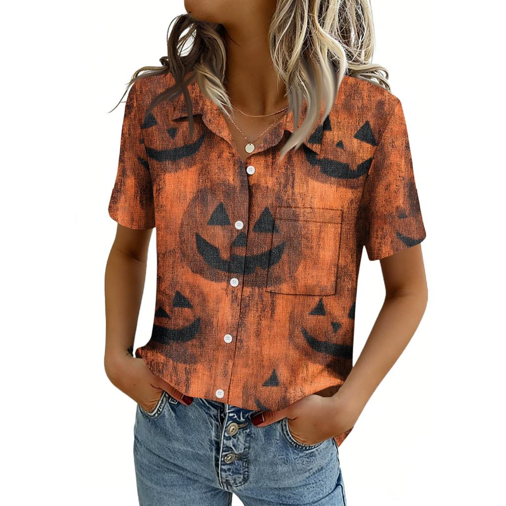 Women's Casual Short Sleeve Button Down Shirt with Pocket for Independence Day