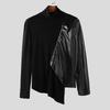 INCERUN Autumn Men's High Neck Long Sleeve PU Patchwork Irregular Casual T-shirts Undershirts