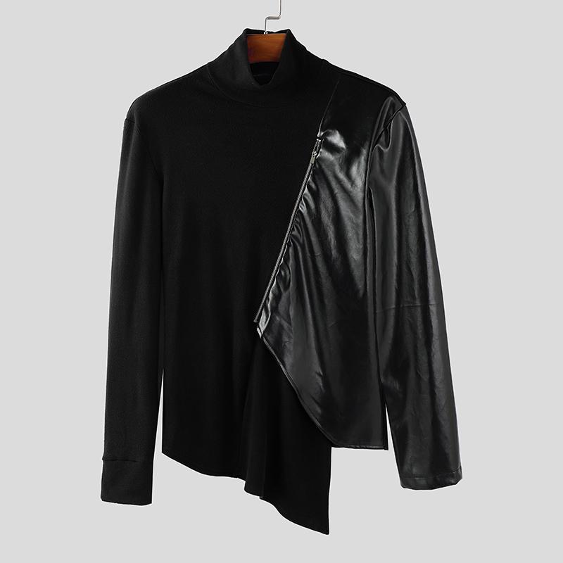 INCERUN Autumn Men's High Neck Long Sleeve PU Patchwork Irregular Casual T-shirts Undershirts
