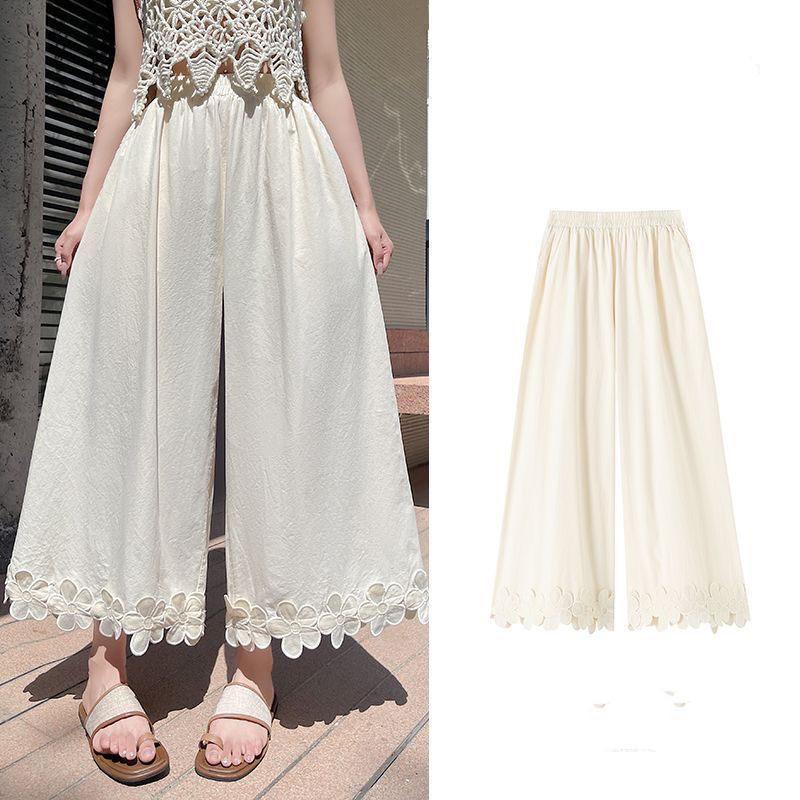 

Женские брюки с широкими штанинами и цветочной вставкой, летние свободные повседневные прямые брюки с высокой посадкой, 2025 XL белый