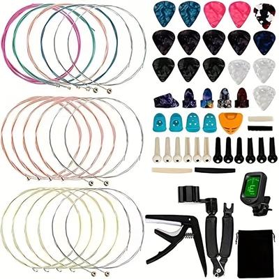 64pcs Guitar Accessories Set - Guitar Strings, Capo, Pick, Tuner, Finger Protector, Nut And Saddle, Bridge Pin, 3-In-1 String Replacement Tool