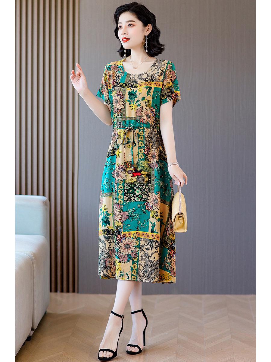 

Летнее цветочное хлопково-шелковое платье с карманом: Выше колена, Слим-фит по талии, Большой размер, для женщин среднего возраста XL [100-115 jin]