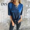 Loose Fit Tee Lady Summer Top Round Neck Short Sleeves Pullover Blouse Glossy Stretchy Women Shirt Surface Pure Color T-shirt for Daily Wear