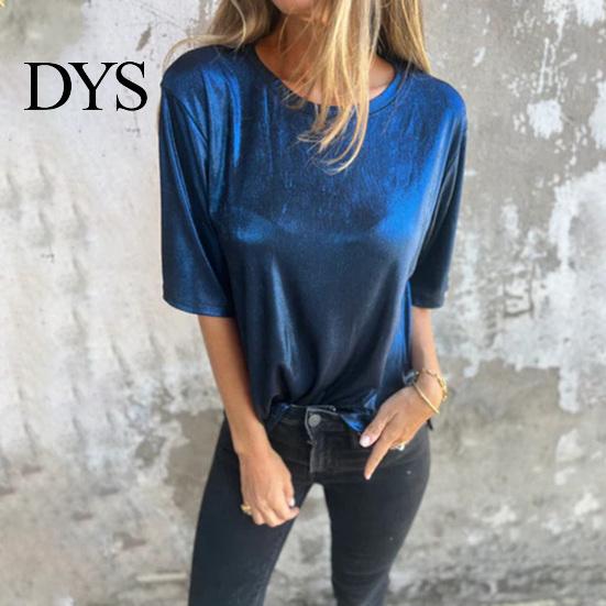 Loose Fit Tee Lady Summer Top Round Neck Short Sleeves Pullover Blouse Glossy Stretchy Women Shirt Surface Pure Color T-shirt for Daily Wear