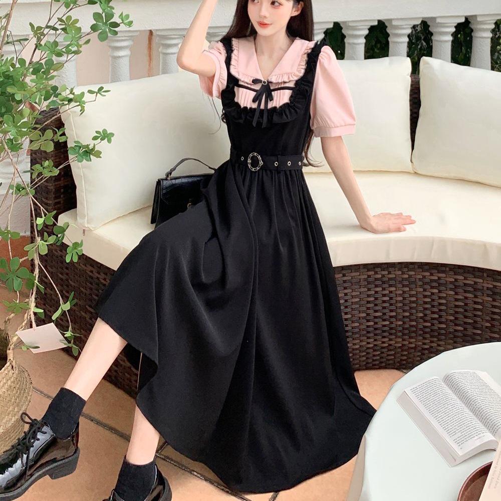 Plus Size Retro Patchwork Two-Piece Long Dress with Slimming Straps and Sweet Bow Accent
