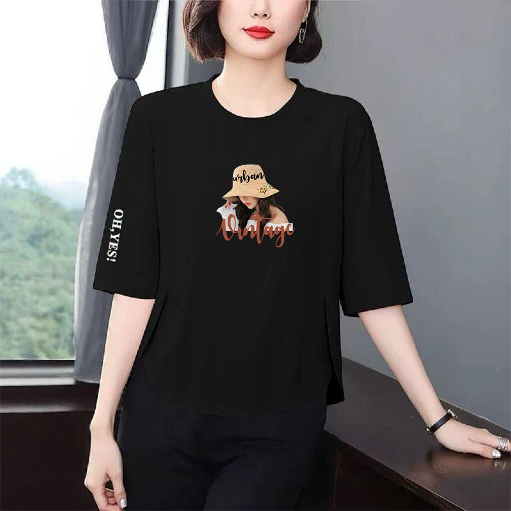 Women s Stylish Seven-Sleeve Printed T-Shirt: Slimming, Flaw-Hiding, Versatile Top for Middle-Aged Small