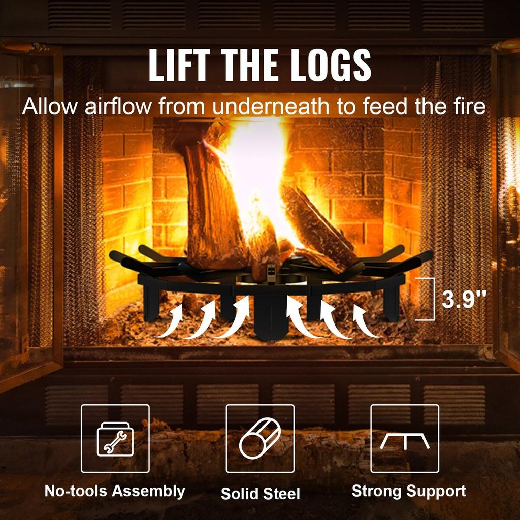 Log Grate, 27 Inch Heavy Duty Wheel Fire Grate with 6 Support Legs, Solid Powder-coated Steel Bars, Log Firewood Burning Rack Holder for Wood Stove