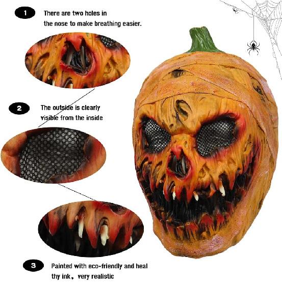 Creepy Halloween Pumpkin Mask, Novelty Latex Scary Halloween Costume Party Props